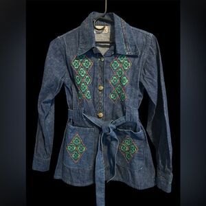 Denim 1970’s Embroidered Jacket Made in Mexico with belt Sz S